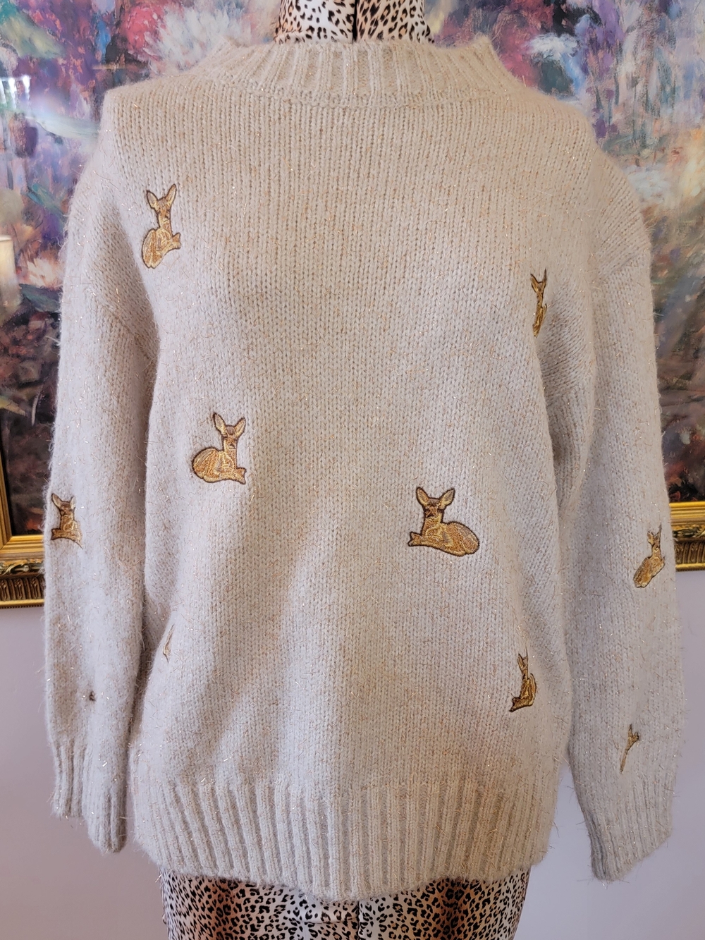 Gold Tinsel Embroidered Deer Motif Crewneck Oversized Sweater